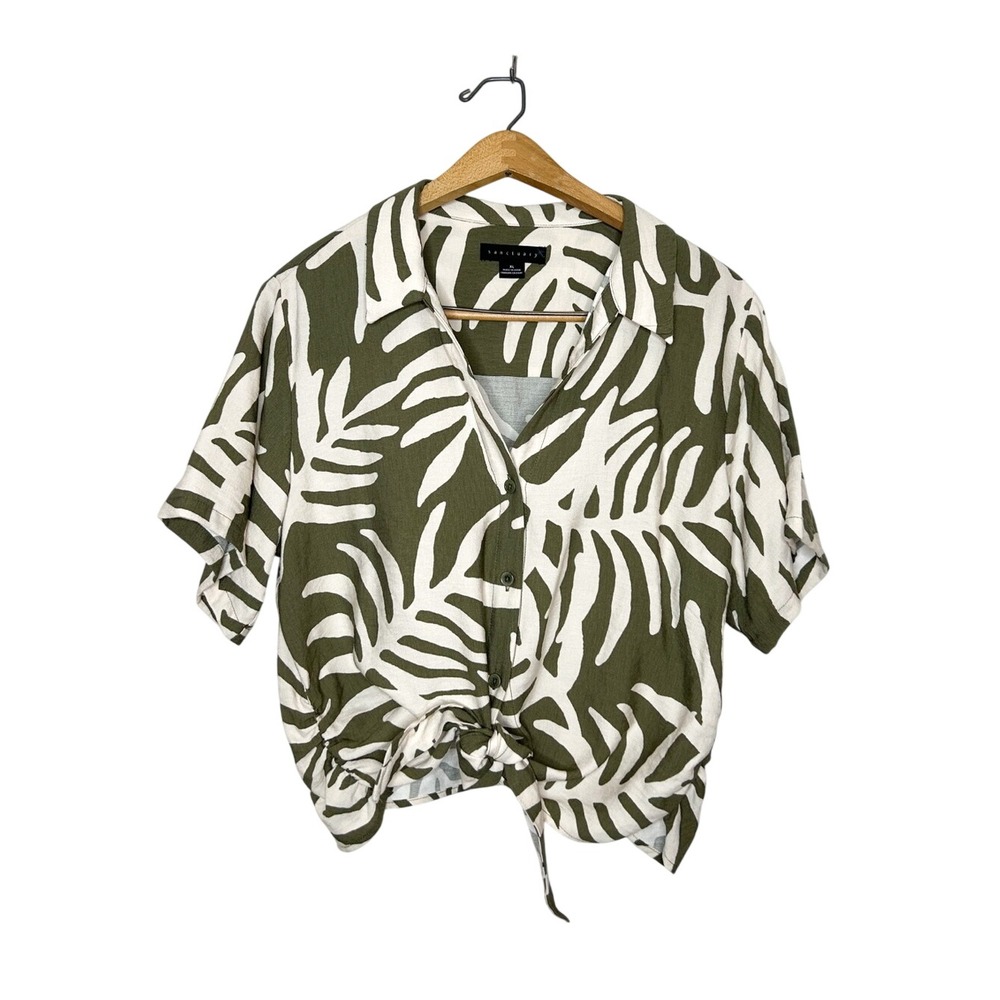 Sanctuary Womens Neutral Olive Green Tropical Palm Print Button Front Top XL - Picture 1 of 5